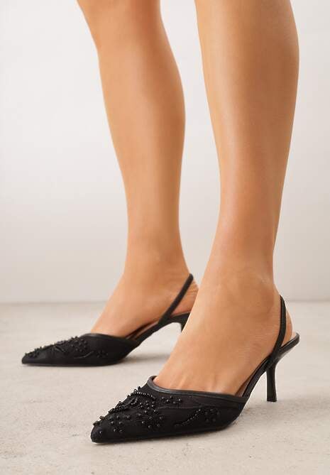 Czarne Siateczkowe Czółenka na Szpilce z Haftami i Perełkami Branira