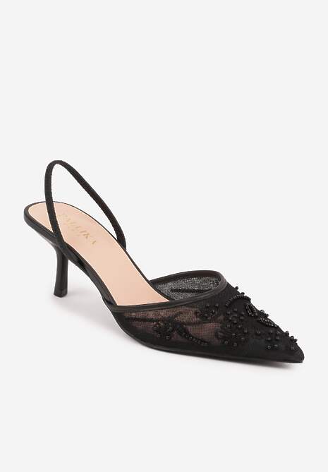 Czarne Siateczkowe Czółenka na Szpilce z Haftami i Perełkami Branira 5