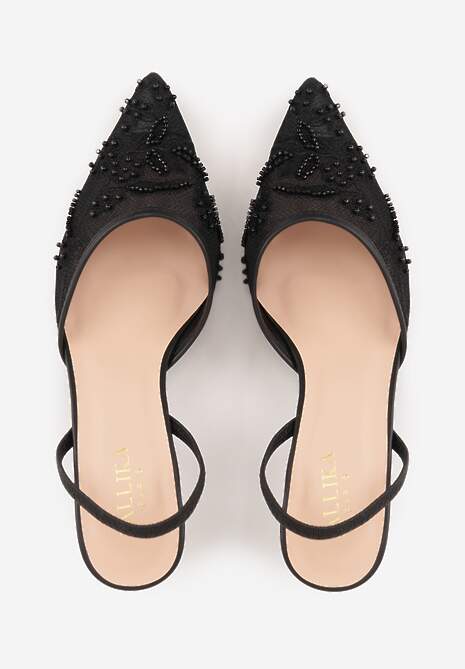 Czarne Siateczkowe Czółenka na Szpilce z Haftami i Perełkami Branira 6