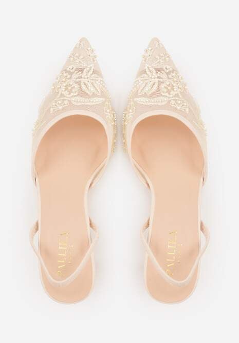 Beżowe Siateczkowe Czółenka na Szpilce z Haftami i Perełkami Branira 6