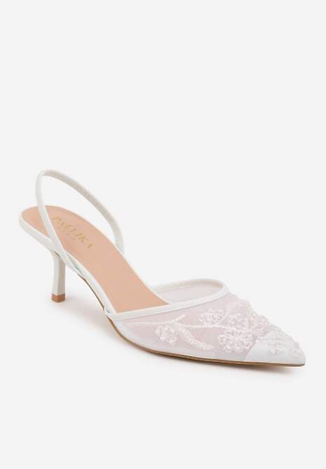 Białe Siateczkowe Czółenka na Szpilce z Haftami i Perełkami Branira 5