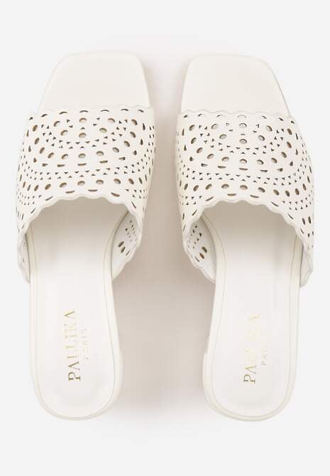 Białe Ażurowe Klapki na Słupkowym Obcasie z Kwadratowym Noskiem Lumetia 6