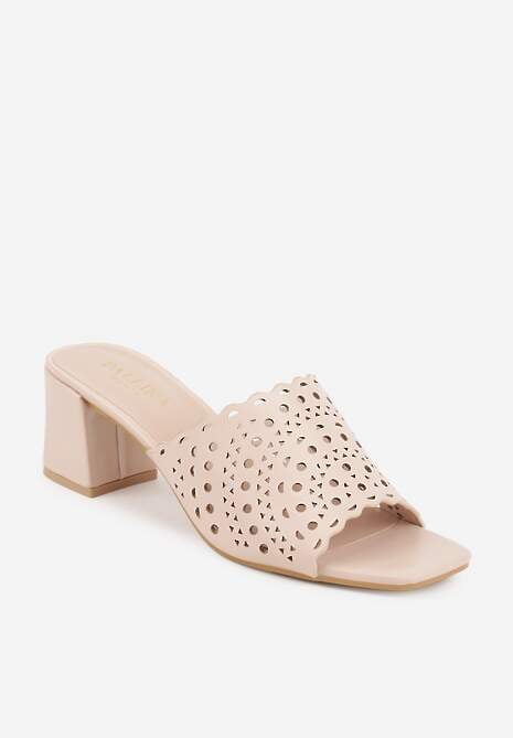 Beżowe Ażurowe Klapki na Słupkowym Obcasie z Kwadratowym Noskiem Lumetia 5