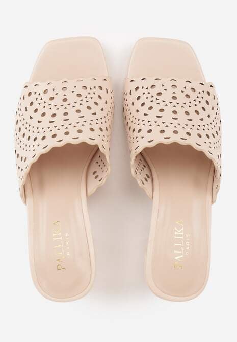 Beżowe Ażurowe Klapki na Słupkowym Obcasie z Kwadratowym Noskiem Lumetia 6