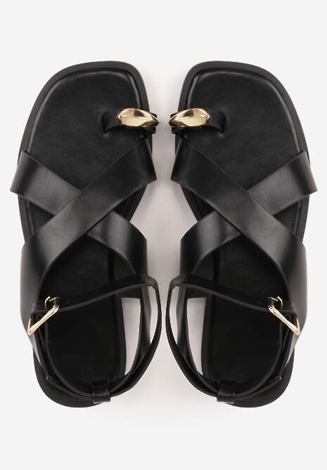 Czarne Sandały z Paskiem na Palec z Metaliczną Aplikacją i Klamerką Ailintra 6