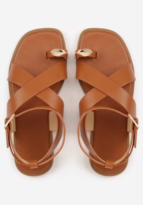 Jasnobrązowe Sandały z Paskiem na Palec z Metaliczną Aplikacją i Klamerką Ailintra 6
