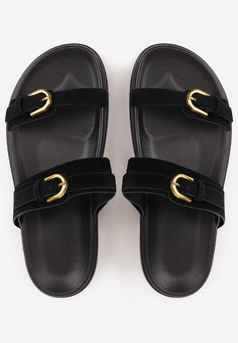 Czarne Klapki Ozdobione Metalicznymi Klamrami Zelivra 6