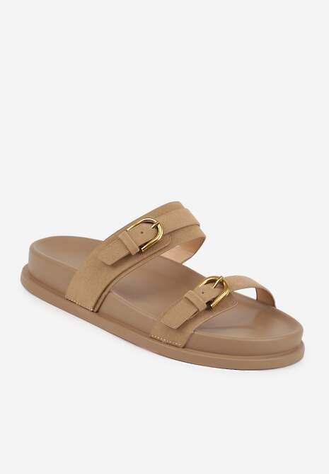 Ciemnobeżowe Klapki Ozdobione Metalicznymi Klamrami Zelivra 5