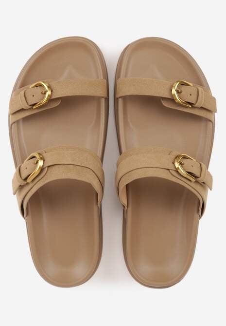 Ciemnobeżowe Klapki Ozdobione Metalicznymi Klamrami Zelivra 6