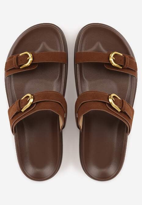 Ciemnobrązowe Klapki Ozdobione Metalicznymi Klamrami Zelivra 6