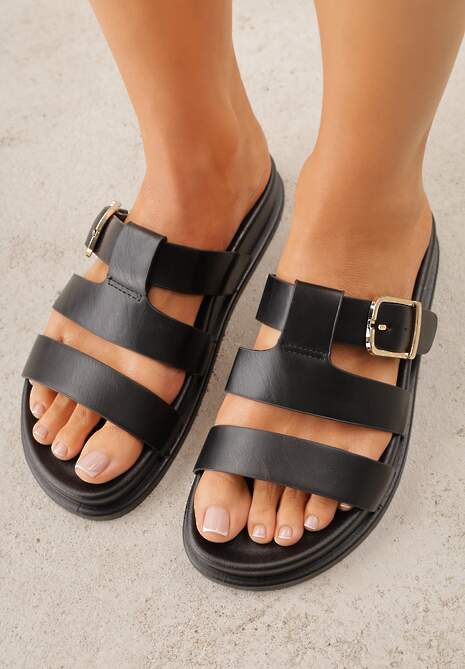 Czarne Płaskie Klapki z Paskiem ze Sprzączką Tameren