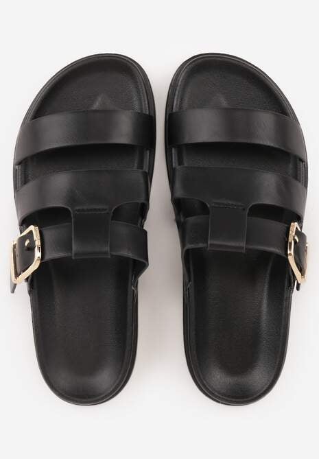 Czarne Płaskie Klapki z Paskiem ze Sprzączką Tameren 6