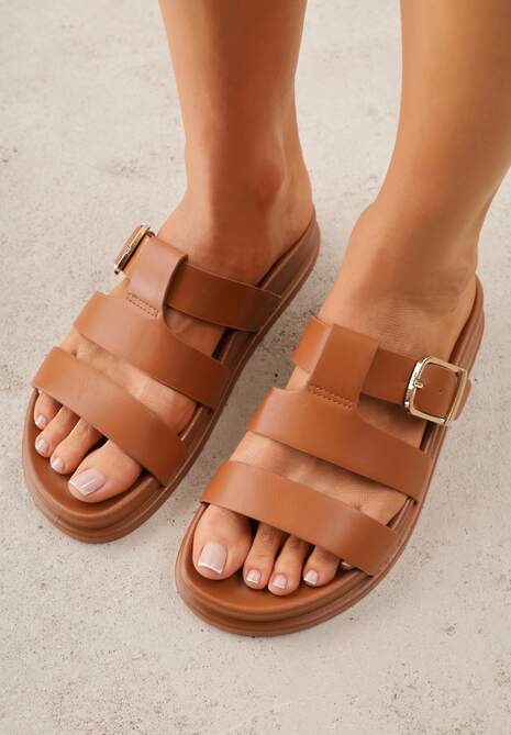 Brązowe Płaskie Klapki z Paskiem ze Sprzączką Tameren