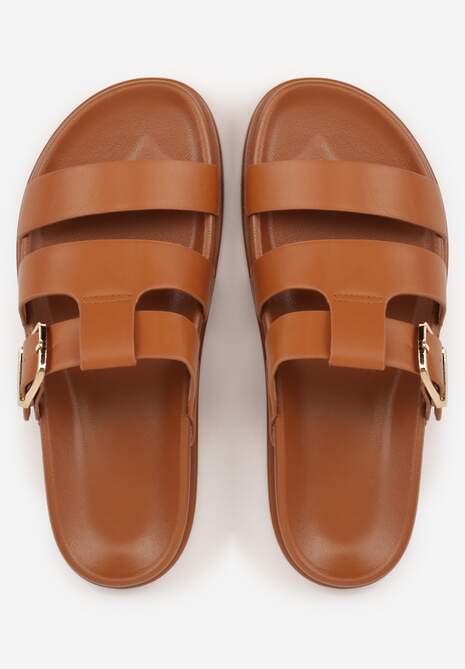 Brązowe Płaskie Klapki z Paskiem ze Sprzączką Tameren 6