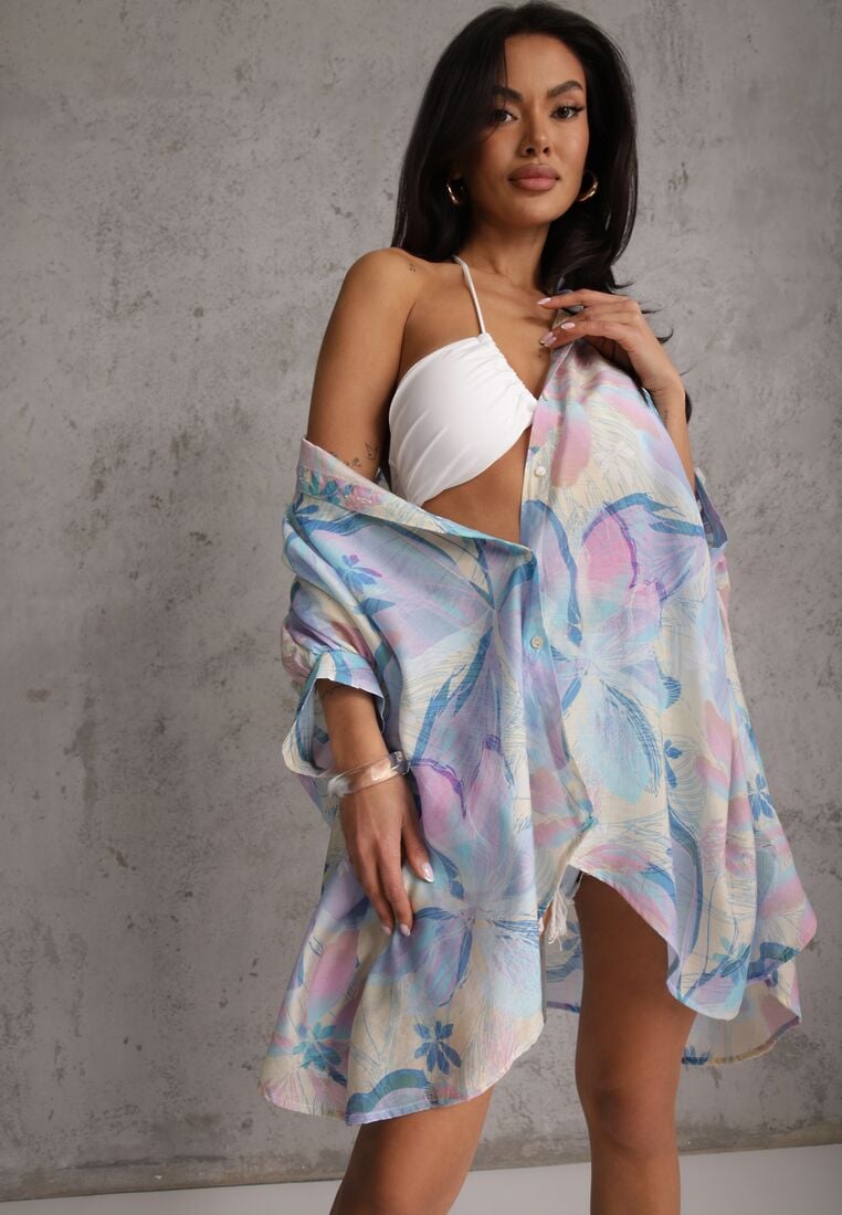 Niebieska Nietoperzowa Koszula z Bawełną o Fasonie Oversize Celista