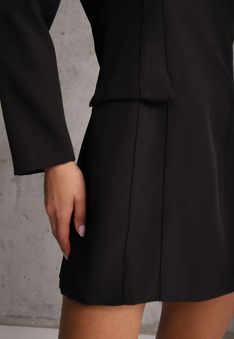 Czarna Trapezowa Sukienka VICES o Eleganckim Kroju Zdobionym Imitacją Kieszeni Agats 5