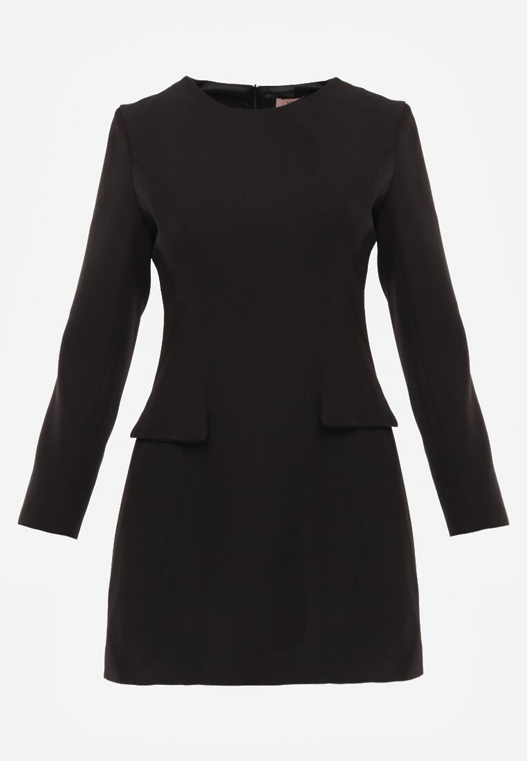 Czarna Trapezowa Sukienka VICES o Eleganckim Kroju Zdobionym Imitacją Kieszeni Agats 6