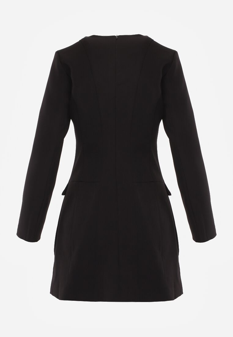Czarna Trapezowa Sukienka VICES o Eleganckim Kroju Zdobionym Imitacją Kieszeni Agats 7