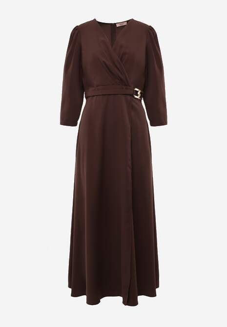 Brązowa Elegancka Sukienka o Kopertowym Kroju Zdobiona Aplikacją w Talii Zilendra 6