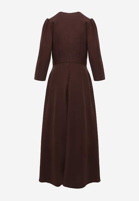 Brązowa Elegancka Sukienka o Kopertowym Kroju Zdobiona Aplikacją w Talii Zilendra 7