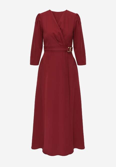 Bordowa Elegancka Sukienka o Kopertowym Kroju Zdobiona Aplikacją w Talii Zilendra 6