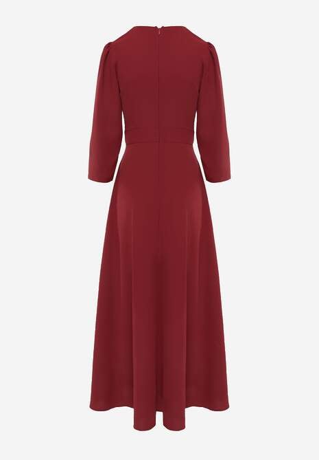 Bordowa Elegancka Sukienka o Kopertowym Kroju Zdobiona Aplikacją w Talii Zilendra 7