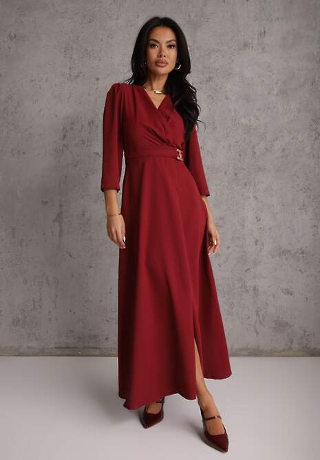 Bordowa Elegancka Sukienka o Kopertowym Kroju Zdobiona Aplikacją w Talii Zilendra