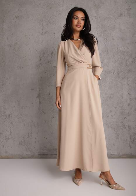 Beżowa Elegancka Sukienka o Kopertowym Kroju Zdobiona Aplikacją w Talii Zilendra 4