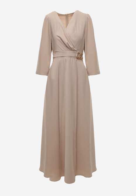 Beżowa Elegancka Sukienka o Kopertowym Kroju Zdobiona Aplikacją w Talii Zilendra 6