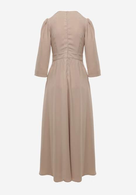 Beżowa Elegancka Sukienka o Kopertowym Kroju Zdobiona Aplikacją w Talii Zilendra 7