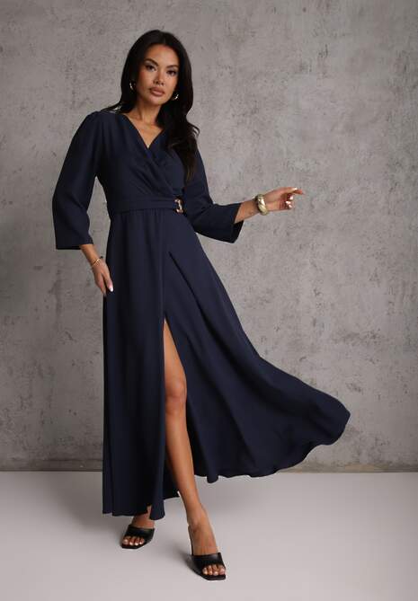 Granatowa Elegancka Sukienka o Kopertowym Kroju Zdobiona Aplikacją w Talii Zilendra