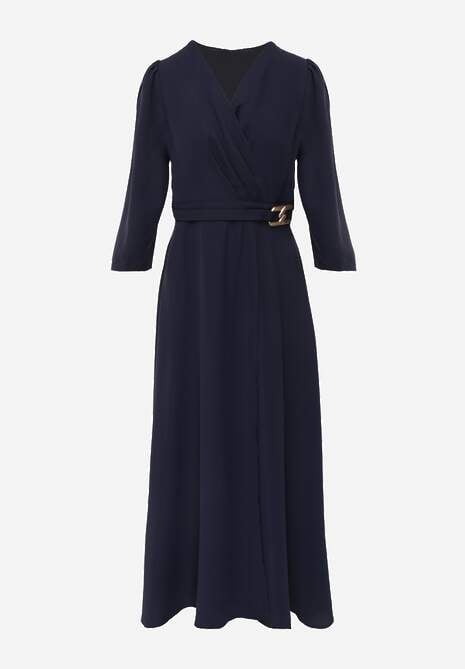 Granatowa Elegancka Sukienka o Kopertowym Kroju Zdobiona Aplikacją w Talii Zilendra 6