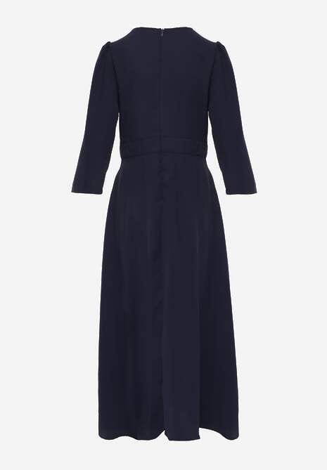 Granatowa Elegancka Sukienka o Kopertowym Kroju Zdobiona Aplikacją w Talii Zilendra 7