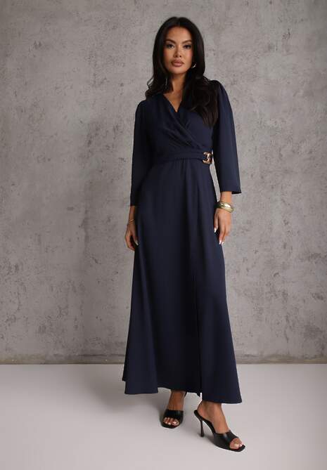 Granatowa Elegancka Sukienka o Kopertowym Kroju Zdobiona Aplikacją w Talii Zilendra 4