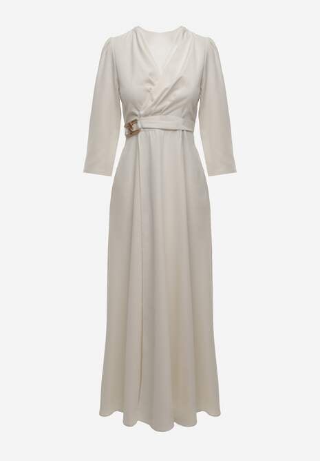 Jasnobeżowa Elegancka Sukienka o Kopertowym Kroju Zdobiona Aplikacją w Talii Zilendra 6