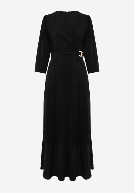 Czarna Elegancka Sukienka o Kopertowym Kroju Zdobiona Aplikacją w Talii Zilendra 6