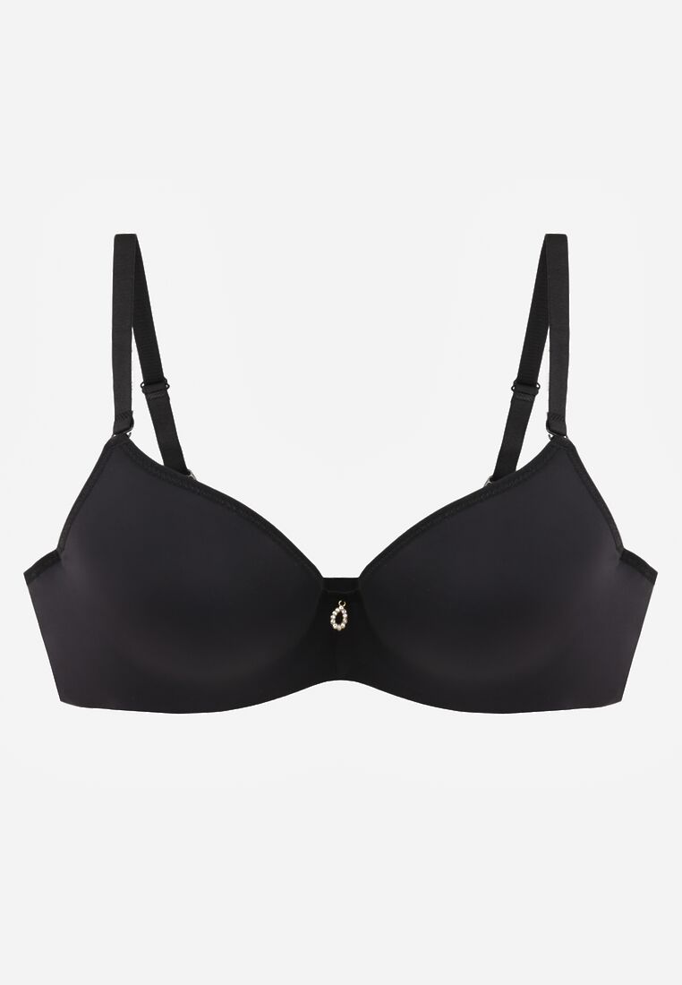 Czarny Biustonosz Push Up o Gładkim Wykończeniu z Cyrkoniową Aplikacją Claronei