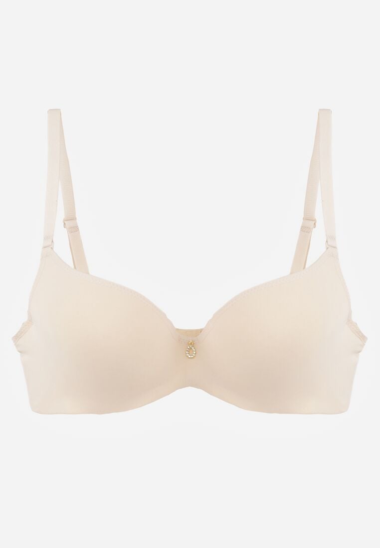 Beżowy Biustonosz Push Up o Gładkim Wykończeniu z Cyrkoniową Aplikacją Claronei