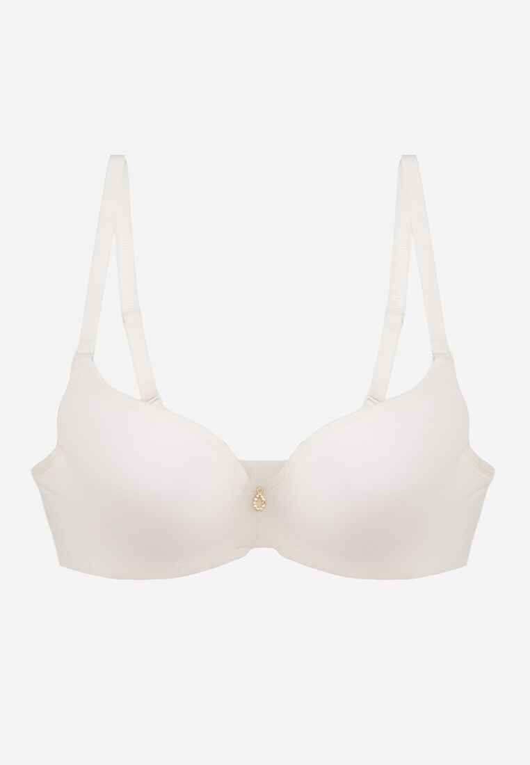 Jasnobeżowy Biustonosz Push Up o Gładkim Wykończeniu z Cyrkoniową Aplikacją Claronei