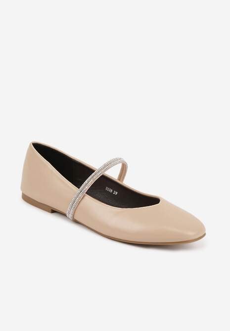 Beżowe Balerinki w Stylu Mary Jane z Paskiem z Cyrkoniami Cireris 5