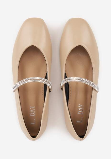Beżowe Balerinki w Stylu Mary Jane z Paskiem z Cyrkoniami Cireris 6
