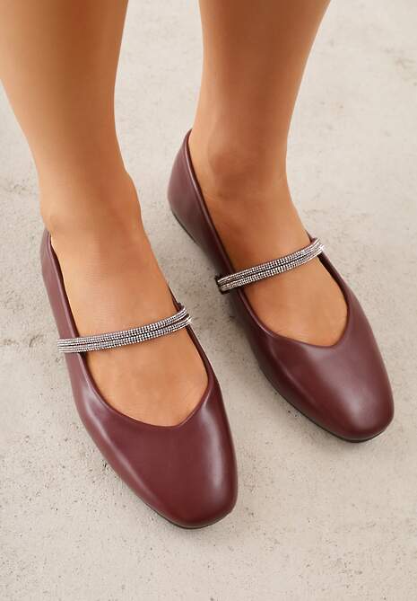 Bordowe Balerinki w Stylu Mary Jane z Paskiem z Cyrkoniami Cireris