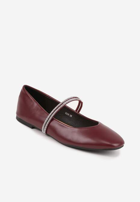 Bordowe Balerinki w Stylu Mary Jane z Paskiem z Cyrkoniami Cireris 5