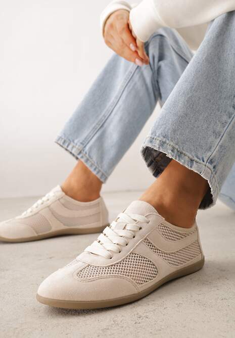 Beżowe Siateczkowe Sneakersy w Stylu Tenisówek Adranella