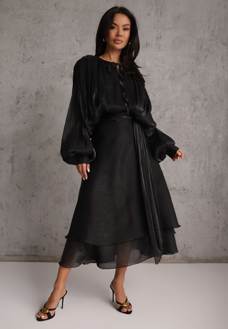 Czarna Rozkloszowana Sukienka Wieczorowa z Szyfonowej Tkaniny Amanna 4