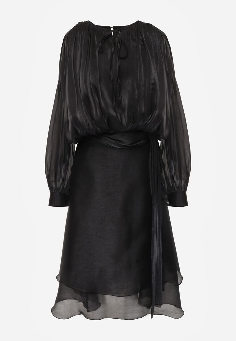 Czarna Rozkloszowana Sukienka Wieczorowa z Szyfonowej Tkaniny Amanna 6