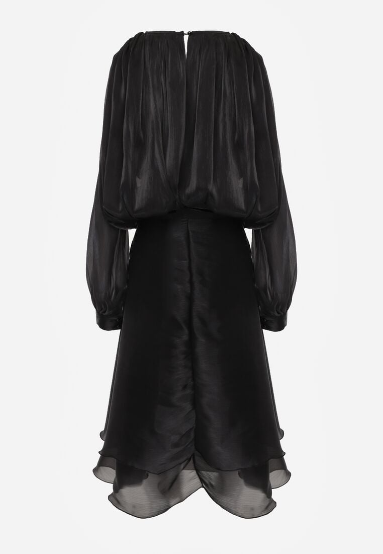 Czarna Rozkloszowana Sukienka Wieczorowa z Szyfonowej Tkaniny Amanna 7