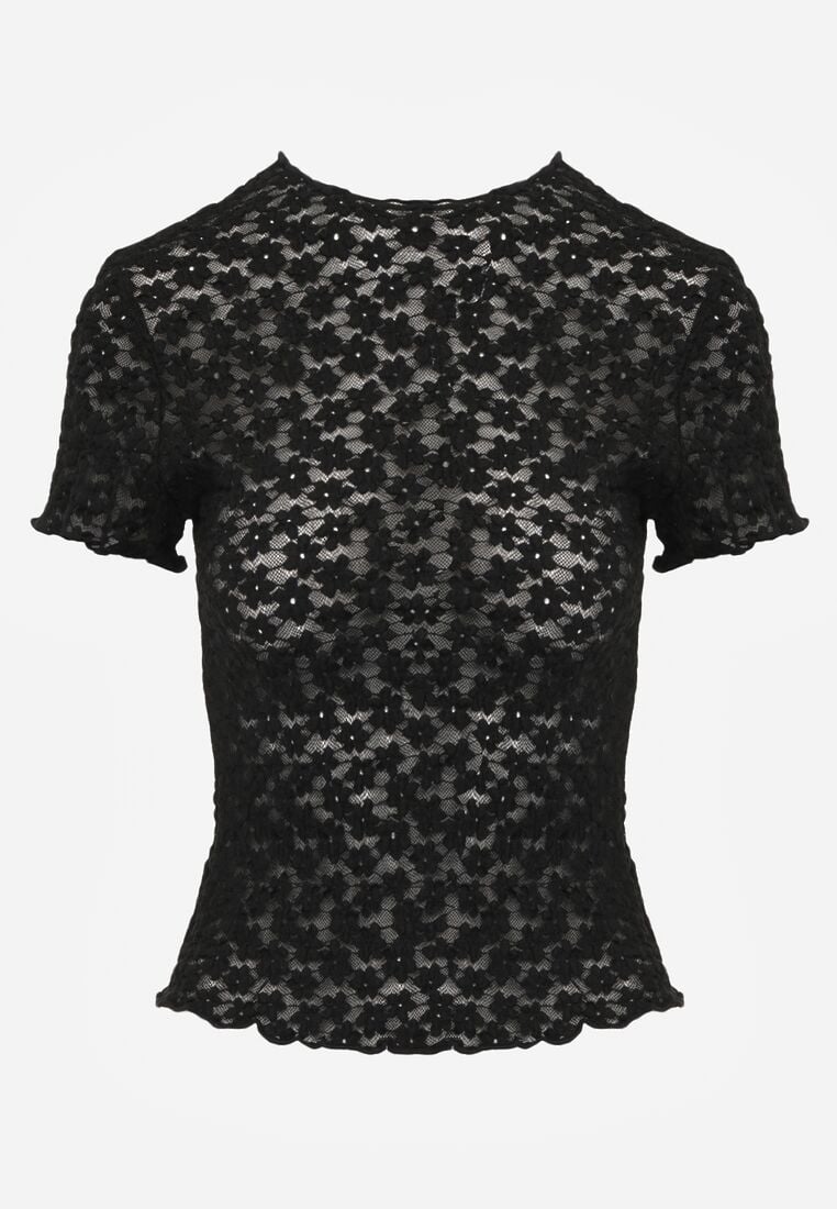 Czarna Dopasowana Bluzka z Koronki z Krótkim Rękawem Britune 6