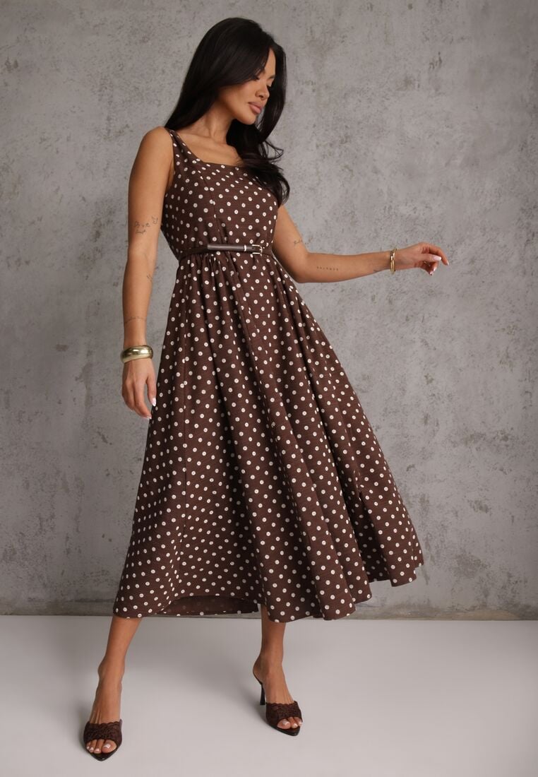Brązowa Retro Sukienka z Bawełny i Wiskozy w Kropki o Rozkloszowanym Kroju Phrithoe 4