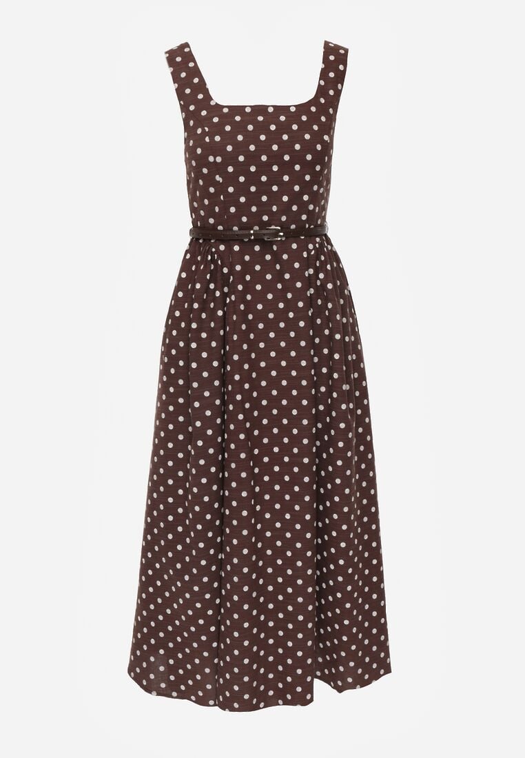 Brązowa Retro Sukienka z Bawełny i Wiskozy w Kropki o Rozkloszowanym Kroju Phrithoe 6